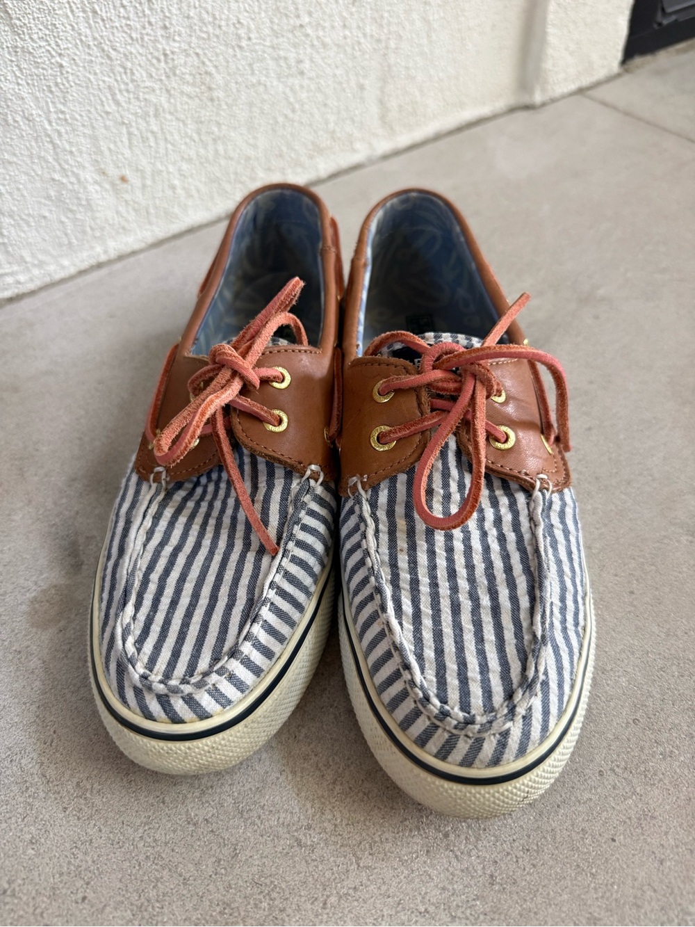 Striped Canvas & Brown Leather Boat Shoes